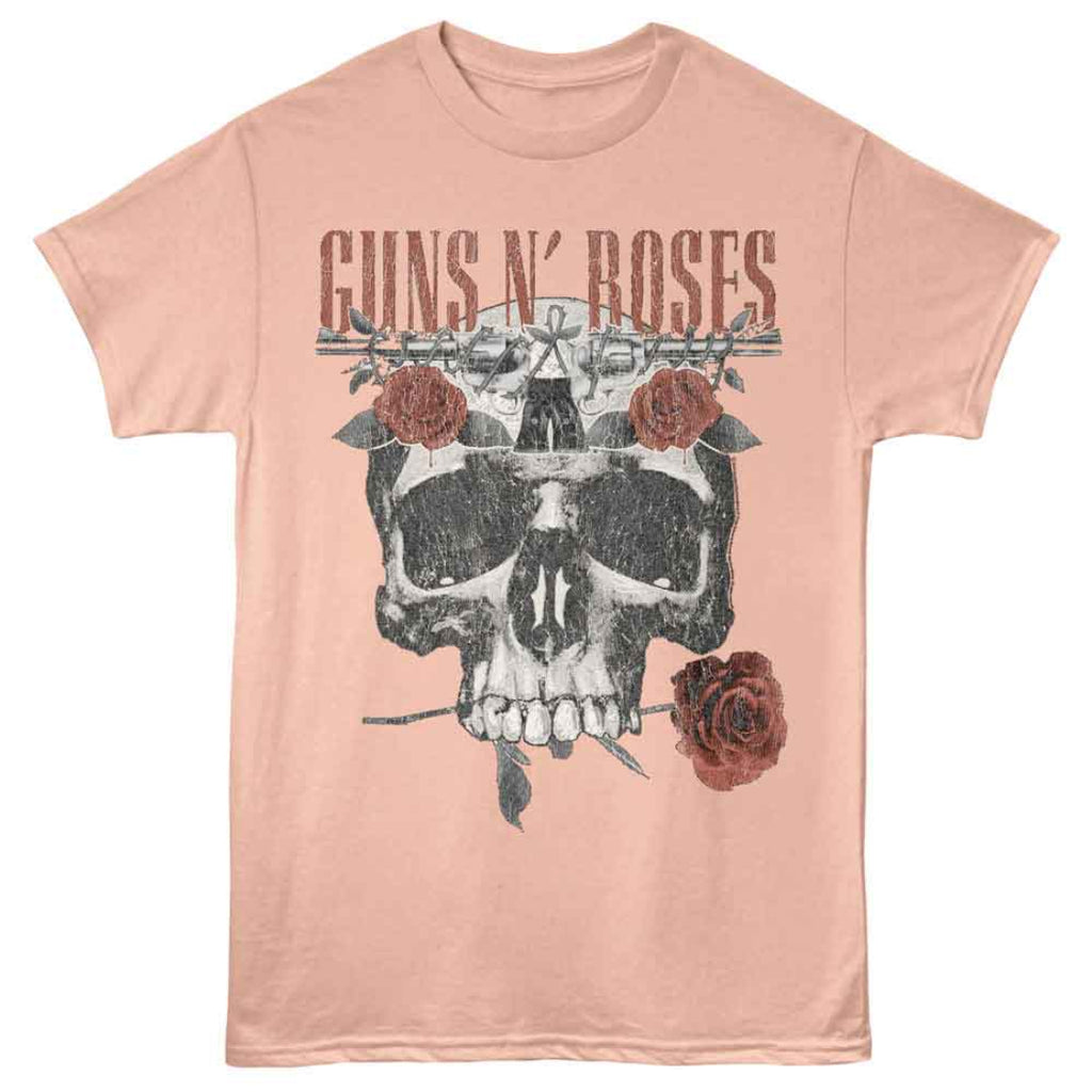 Pink t-shirt with skull and roses design and 'Guns N' Roses' text on a white background