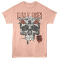 Pink t-shirt with skull and roses design and 'Guns N' Roses' text on a white background