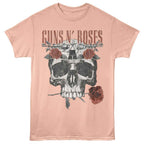 Pink t-shirt with skull and roses design and 'Guns N' Roses' text on a white background