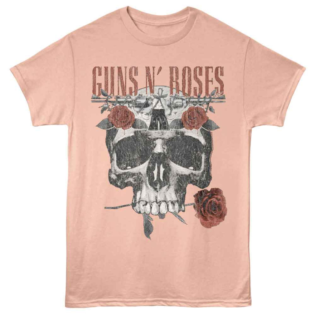 Pink t-shirt with skull and roses design and 'Guns N' Roses' text on a white background