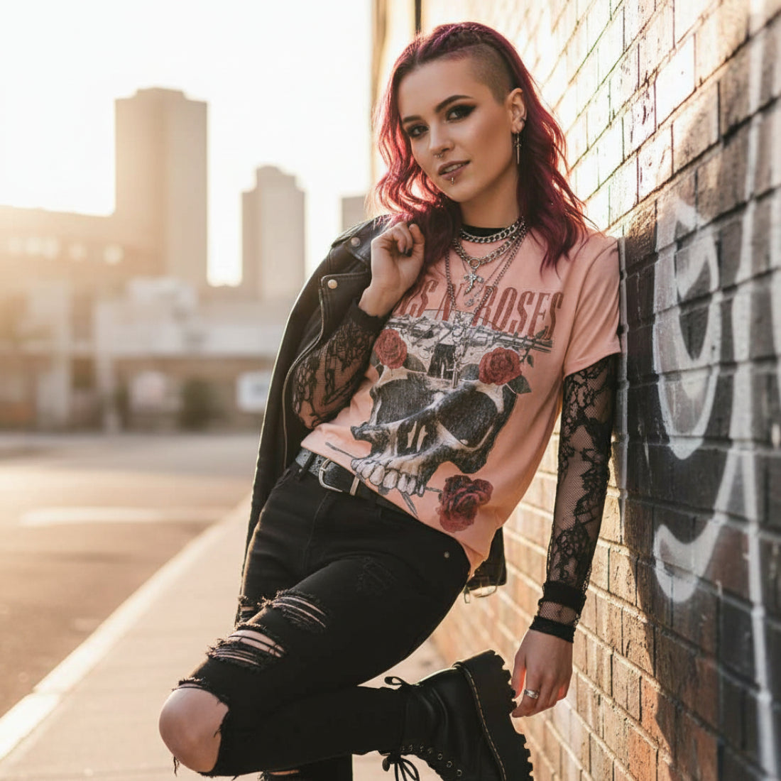 Girl wearing Pink t-shirt with skull and roses design and 'Guns N' Roses' text GNR516S, GNR516M, GNR516L, GNR516XL, GNR516XXL