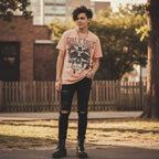 MAN WEARING Pink t-shirt with skull and roses design and 'Guns N' Roses' text  GNR516S, GNR516M, GNR516L, GNR516XL, GNR516XXL