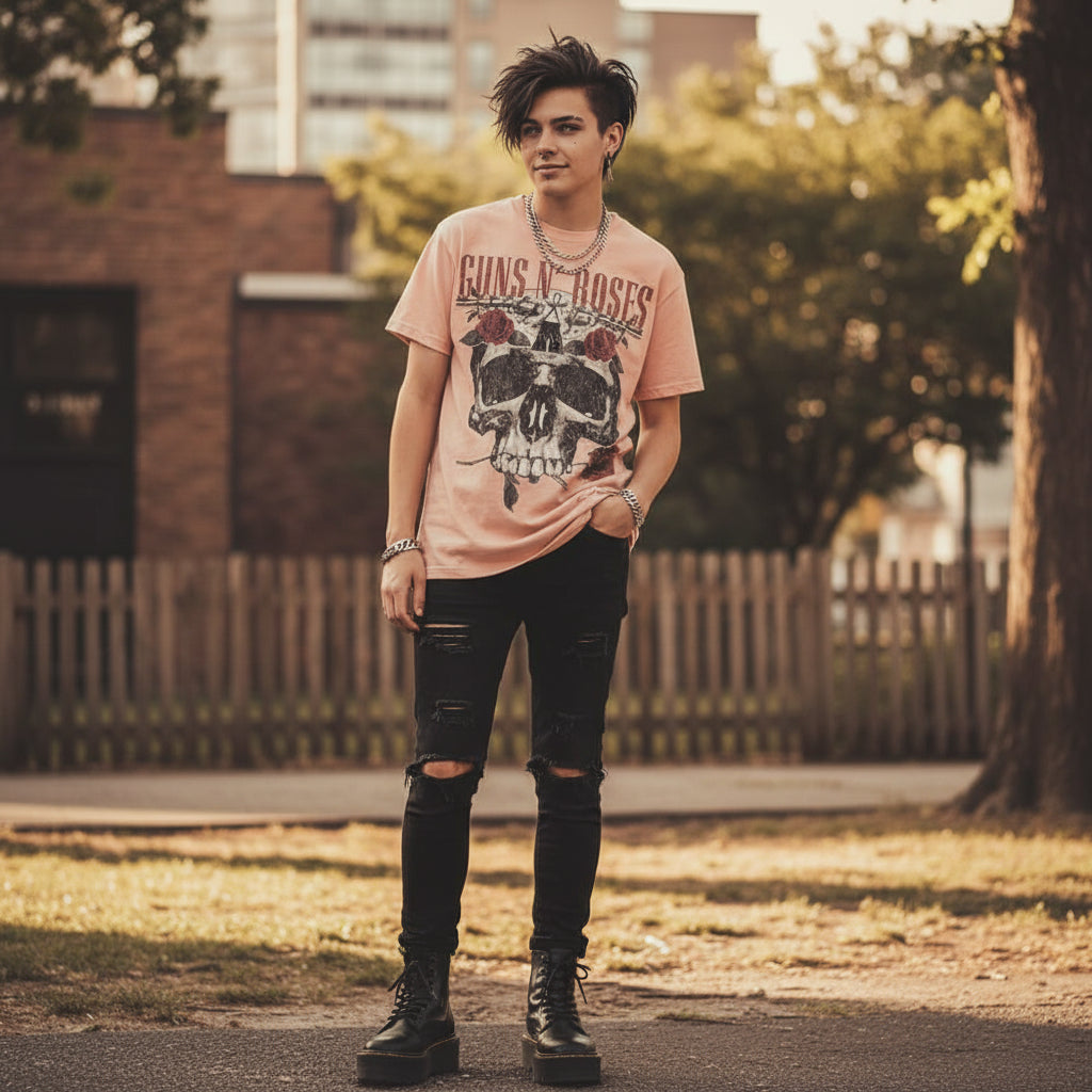 MAN WEARING Pink t-shirt with skull and roses design and 'Guns N' Roses' text  GNR516S, GNR516M, GNR516L, GNR516XL, GNR516XXL