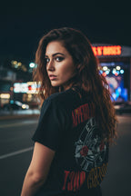 WOMAN WEARING GUNS N ROSES APPETITE TOUR TEE GNR517S, GNR517M, GNR517L, GNR517XL, GNR517XXL, GNR517XXXL, GNR517XXXXL, GNR517XXXXXL