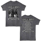 Gray t-shirt with Guns N' Roses graphic and text on a white background