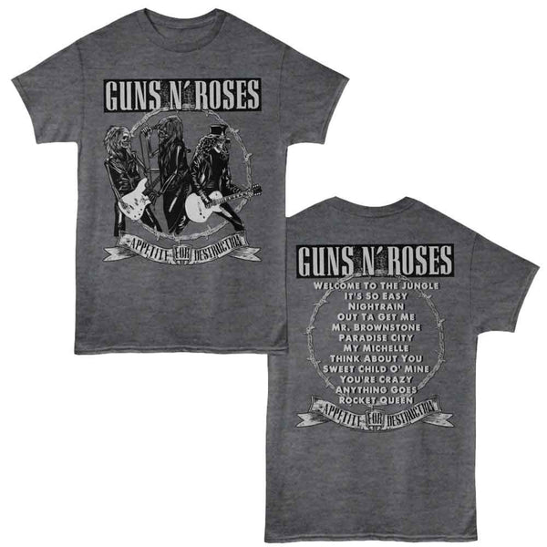 Gray t-shirt with Guns N' Roses graphic and text on a white background