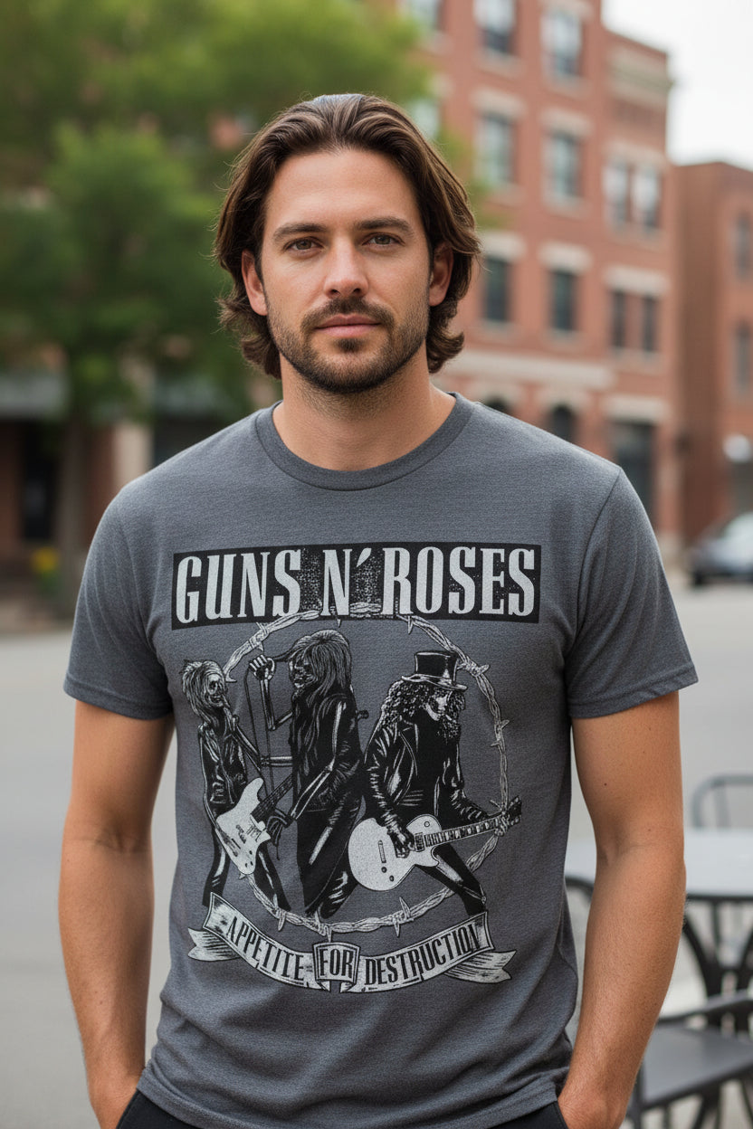 MAN WEARING GRAY GUNS N ROSES TEE GNR518S, GNR518M, GNR518L, GNR518XL, GNR518XXL, GNR518XXXL, GNR518XXXXL, GNR518XXXXXL