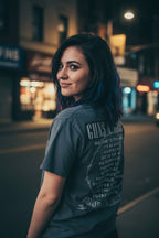 WOMAN WEARING Gray t-shirt with Guns N' Roses graphic and lyrics GNR518S, GNR518M, GNR518L, GNR518XL, GNR518XXL, GNR518XXXL, GNR518XXXXL, GNR518XXXXXL