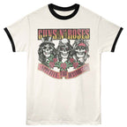 White GUNS N ROSES t-shirt with black ringer sleeves featuring a graphic of three skulls and text on a white background