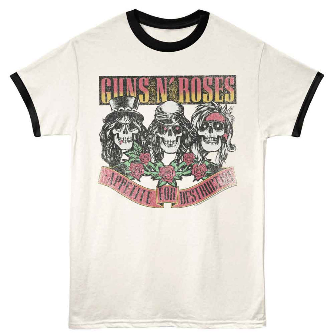 White GUNS N ROSES t-shirt with black ringer sleeves featuring a graphic of three skulls and text on a white background