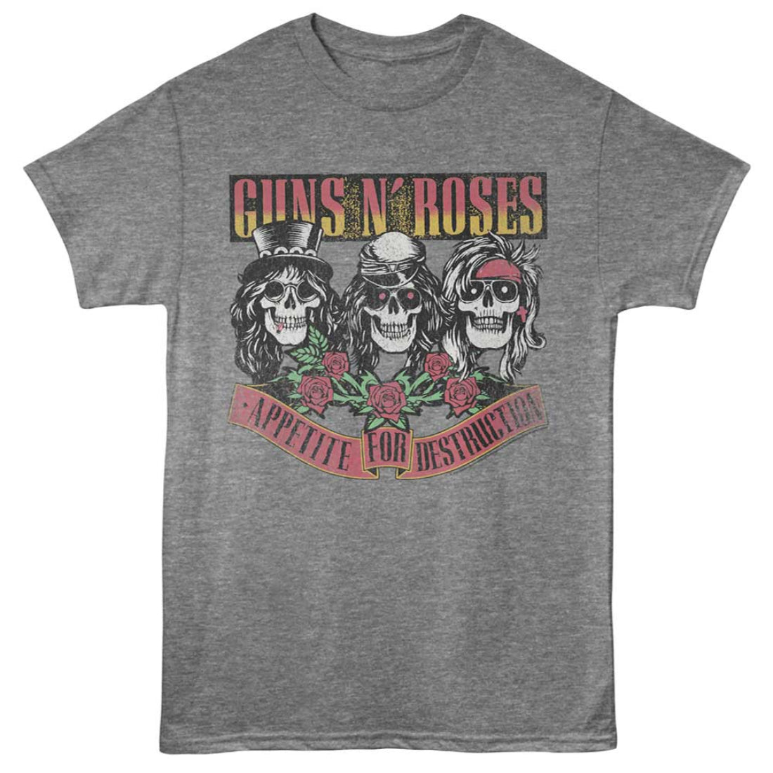 Gray t-shirt with Guns N' Roses 'Appetite for Destruction' graphic on a white background
