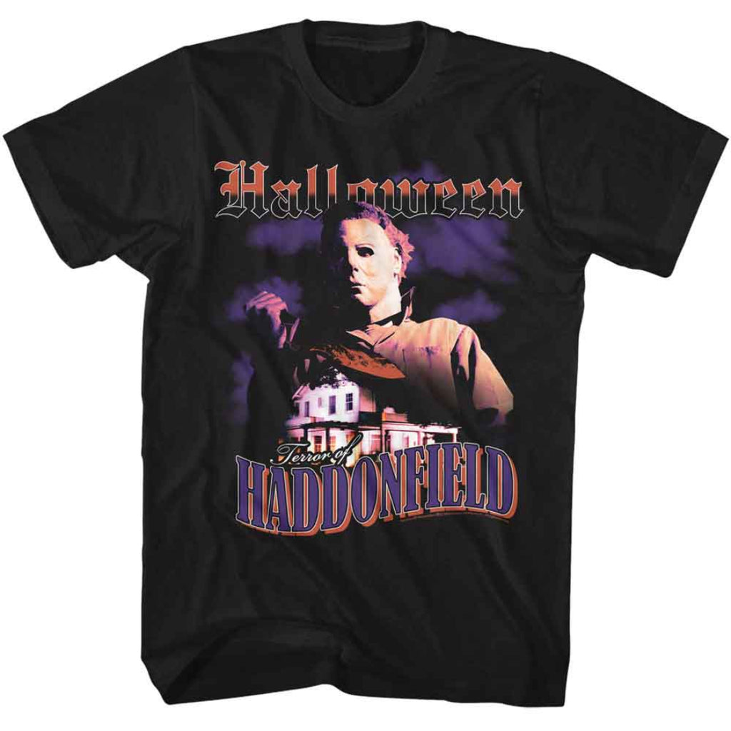 Black t-shirt with 'Halloween' graphic featuring a character and text on a white background