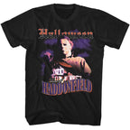 Black t-shirt with 'Halloween' graphic featuring a character and text on a white background
