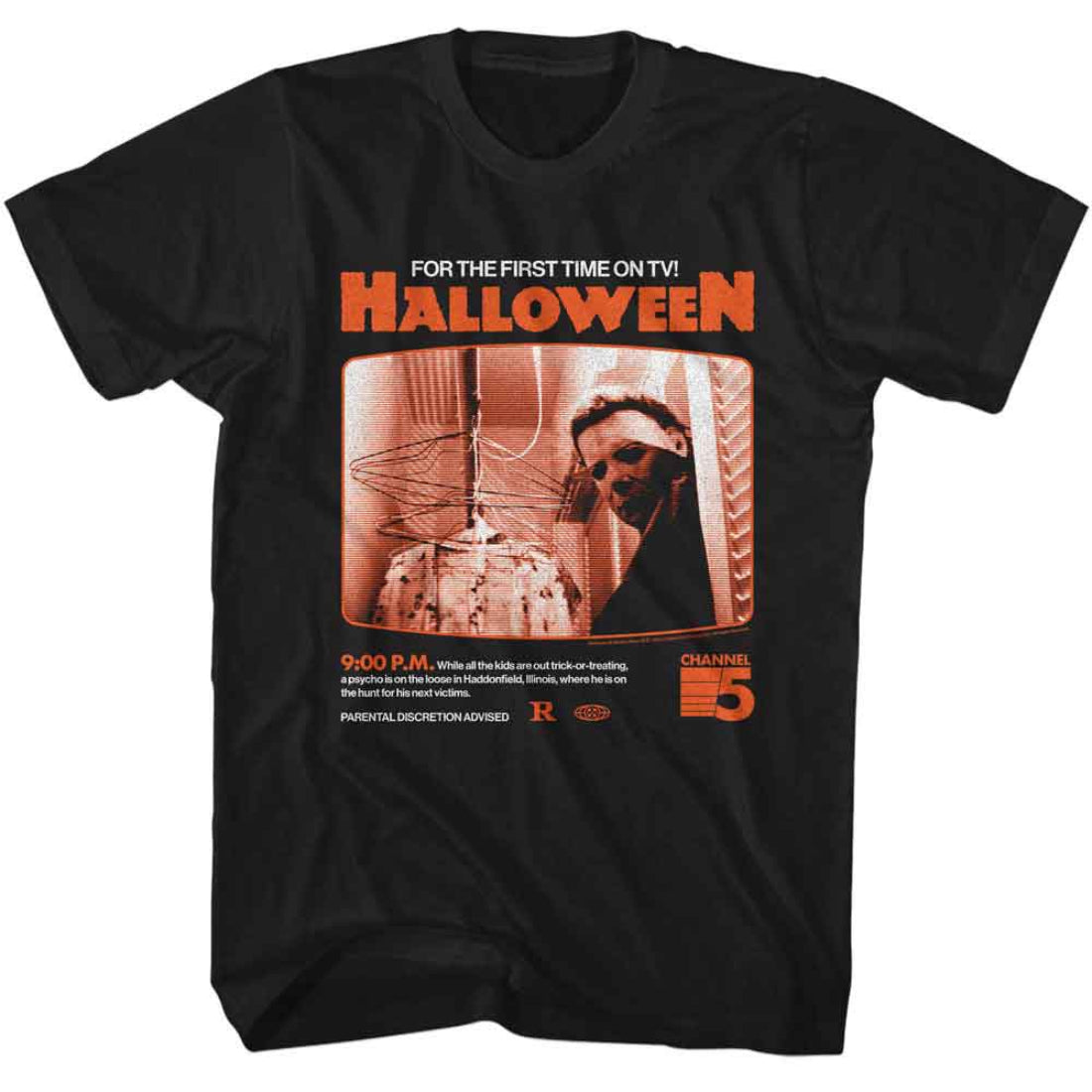 Black t-shirt with 'Halloween' movie poster design featuring a character in a dark room.