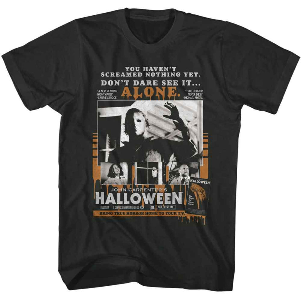 Black t-shirt with 'Halloween' movie poster design featuring text and images.