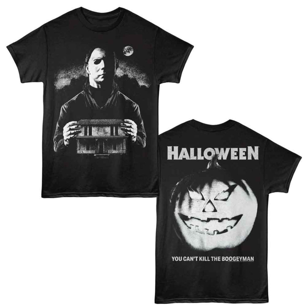 Black t-shirt with 'Halloween' movie-themed design featuring a pumpkin and text.