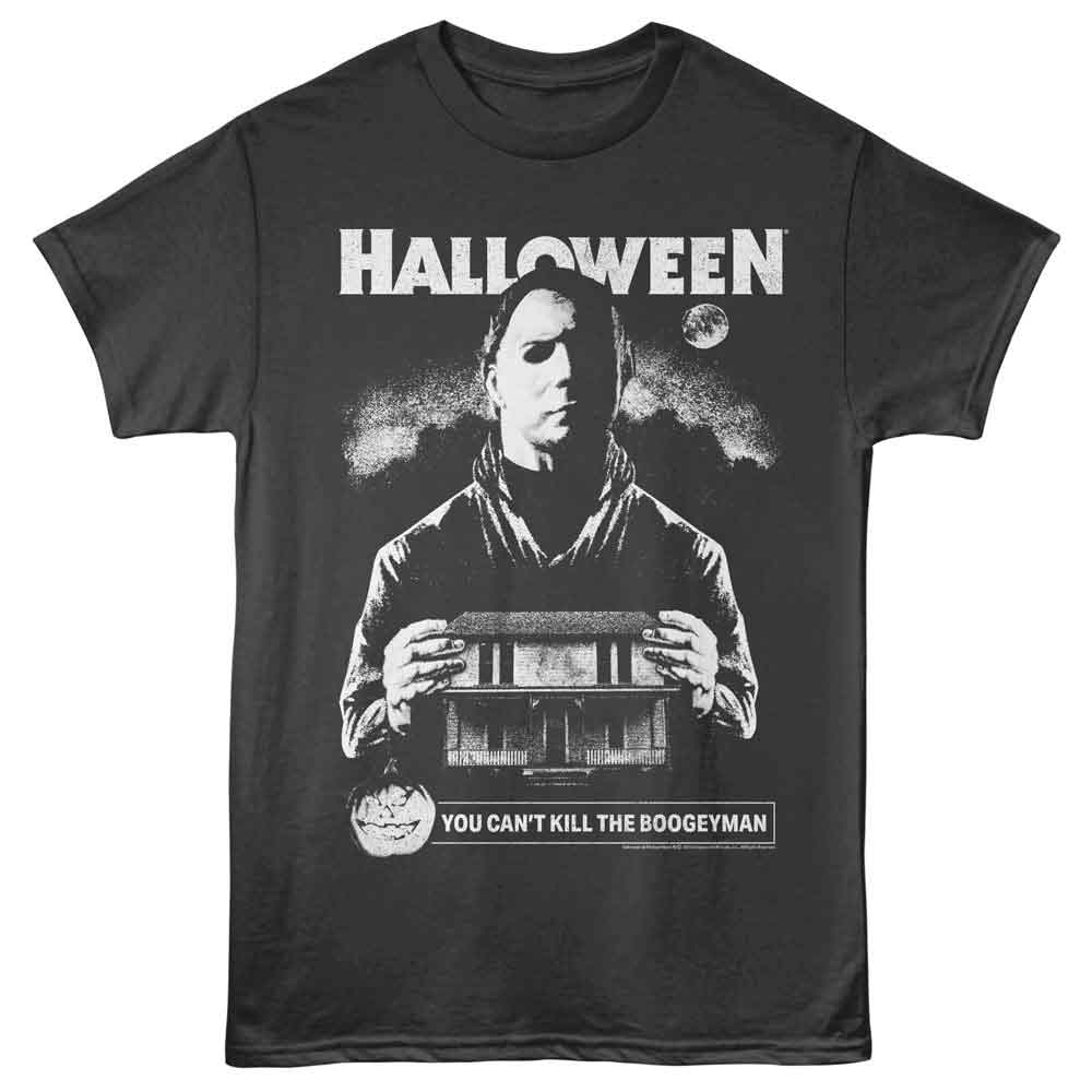 Black t-shirt with a graphic of a character holding a box and text 'HALLOWEEN You Can't Kill the Boogeyman' on a white background.