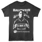 Black t-shirt with a graphic of a character holding a box and text 'HALLOWEEN You Can't Kill the Boogeyman' on a white background.