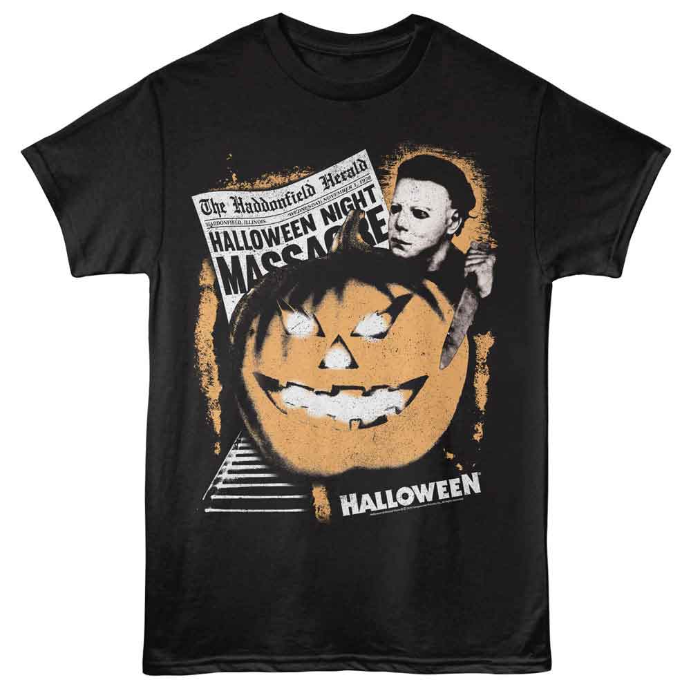 Black Halloween Movie t-shirt with a graphic of a pumpkin and a person holding a newspaper titled 'Halloween Night Massacre'.