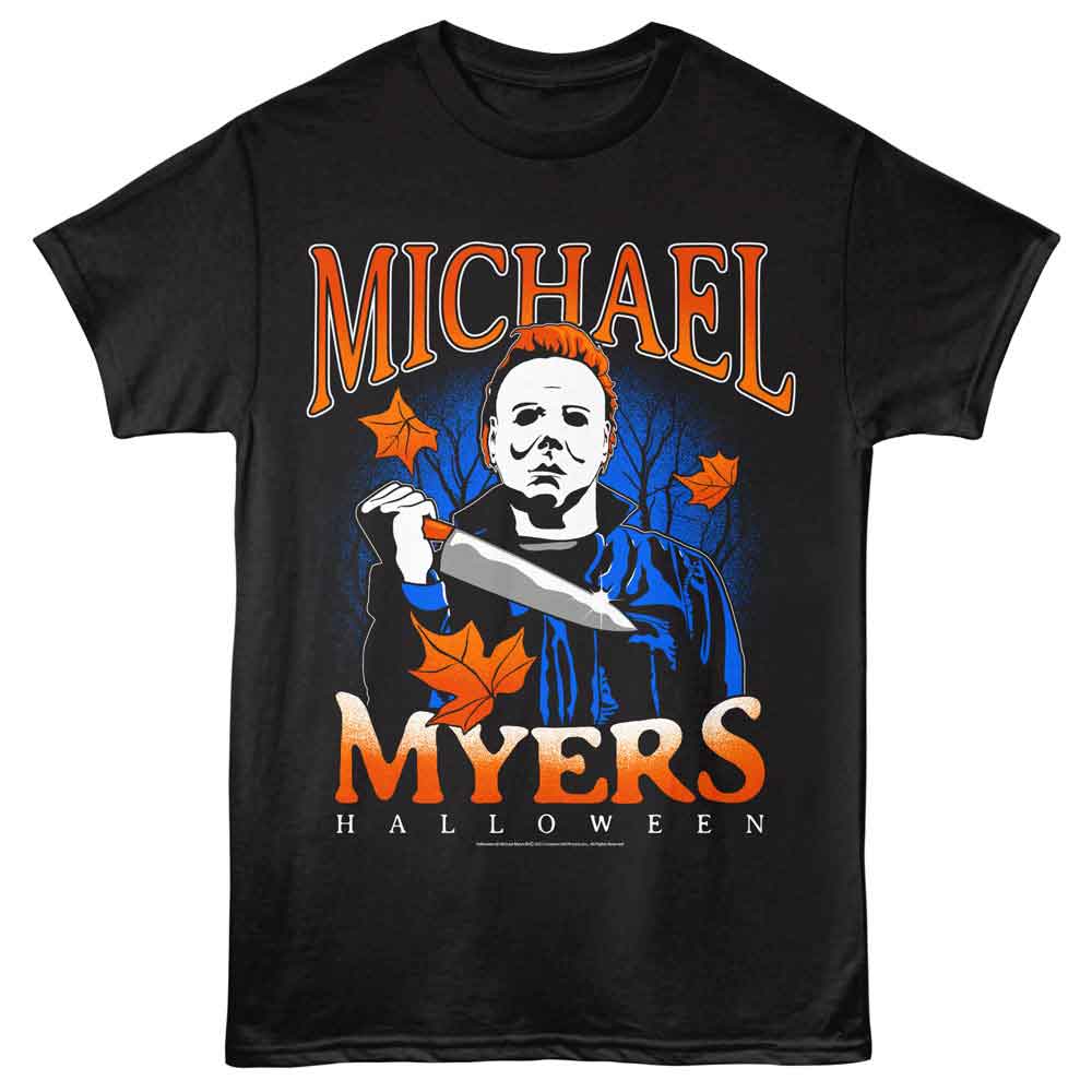 Black t-shirt with Michael Myers graphic and 'Halloween' text on a white background