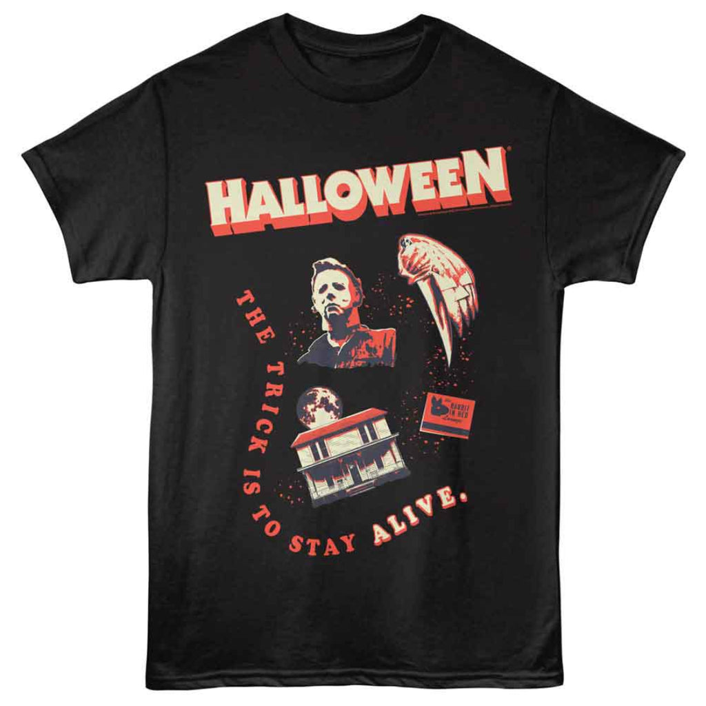 Black t-shirt with Halloween Movie graphic featuring text and images.