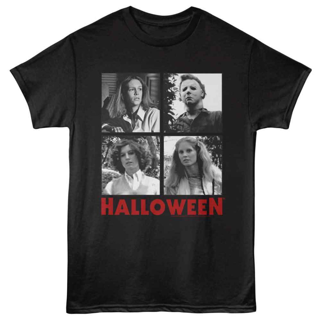 Black t-shirt with 'Halloween' movie graphic featuring four characters on a white background
