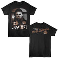 Black t-shirt with 'Halloween' movie-themed design on front and back