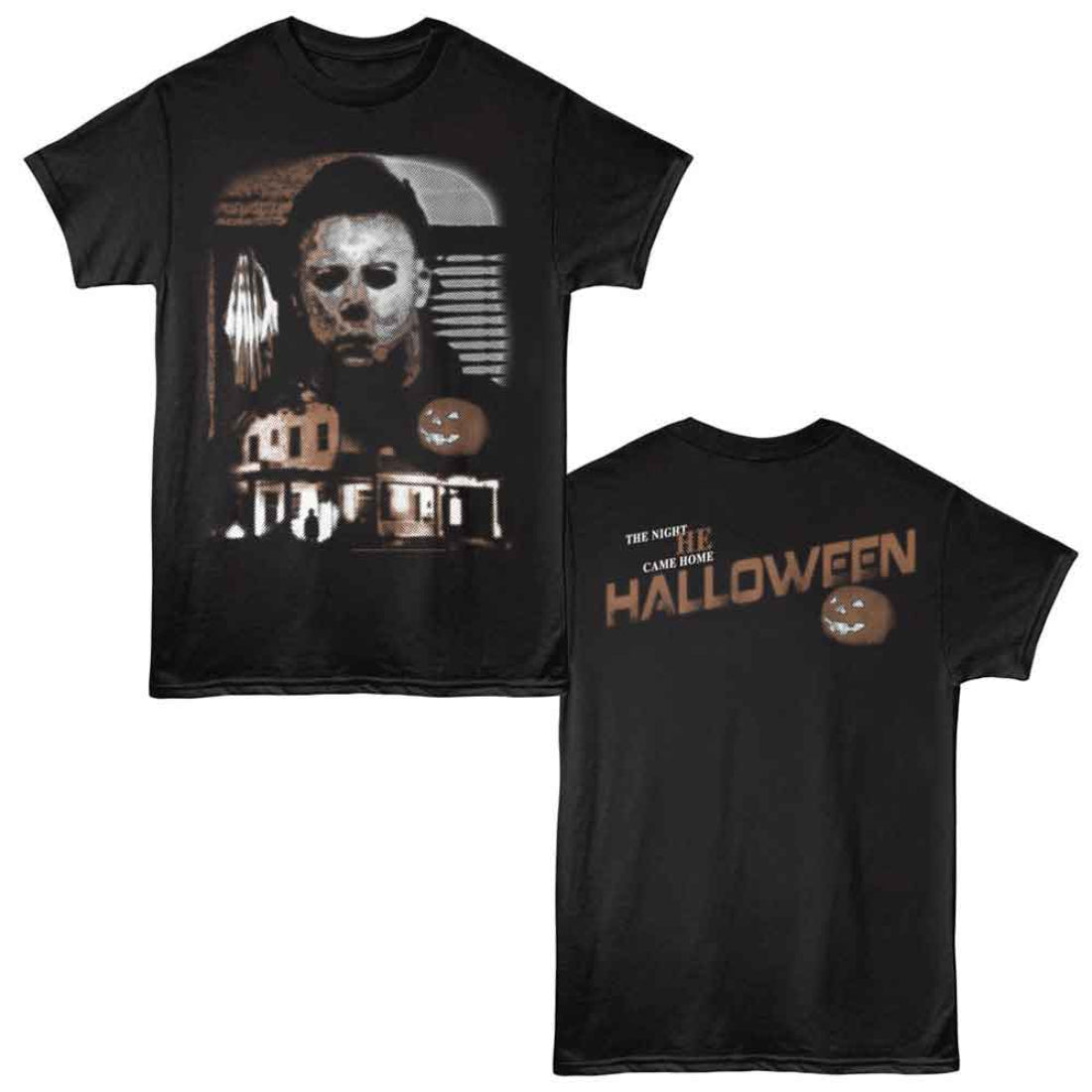 Black t-shirt with 'Halloween' movie-themed design on front and back