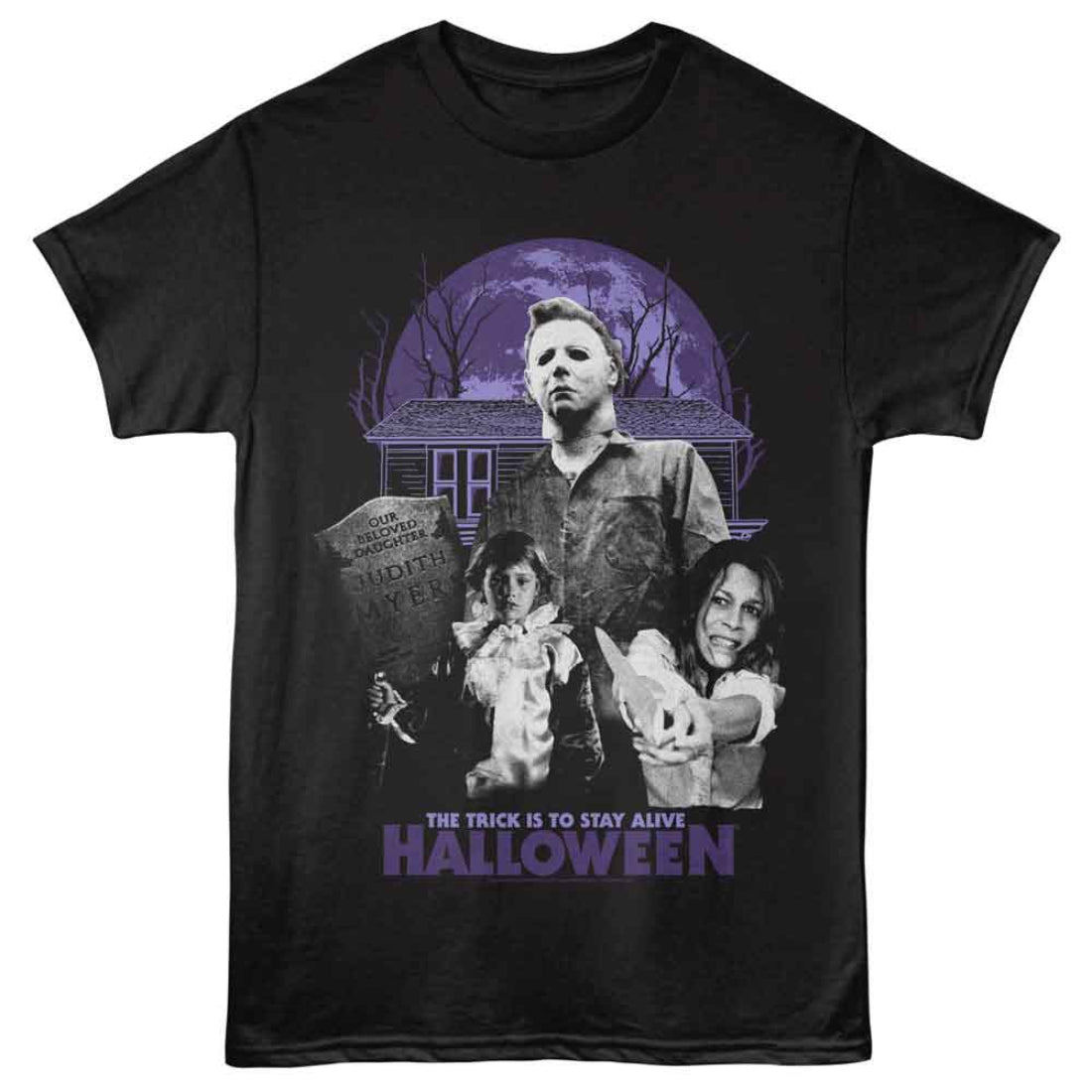 Black t-shirt with 'Halloween' movie graphic featuring a house and characters on a white background