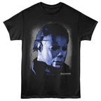 Black t-shirt with a graphic of a mask and 'Halloween' text on a white background