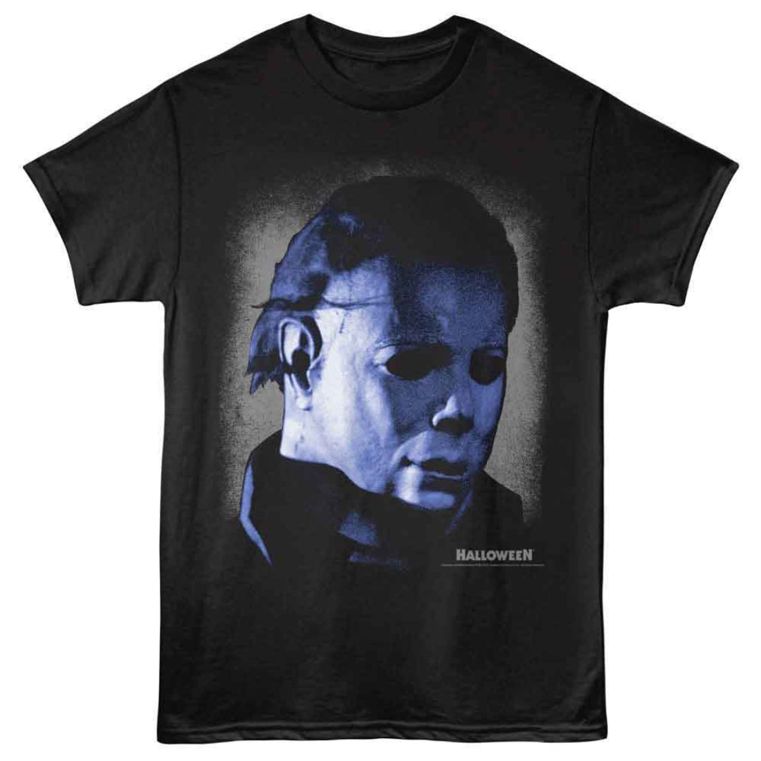Black t-shirt with a graphic of a mask and 'Halloween' text on a white background