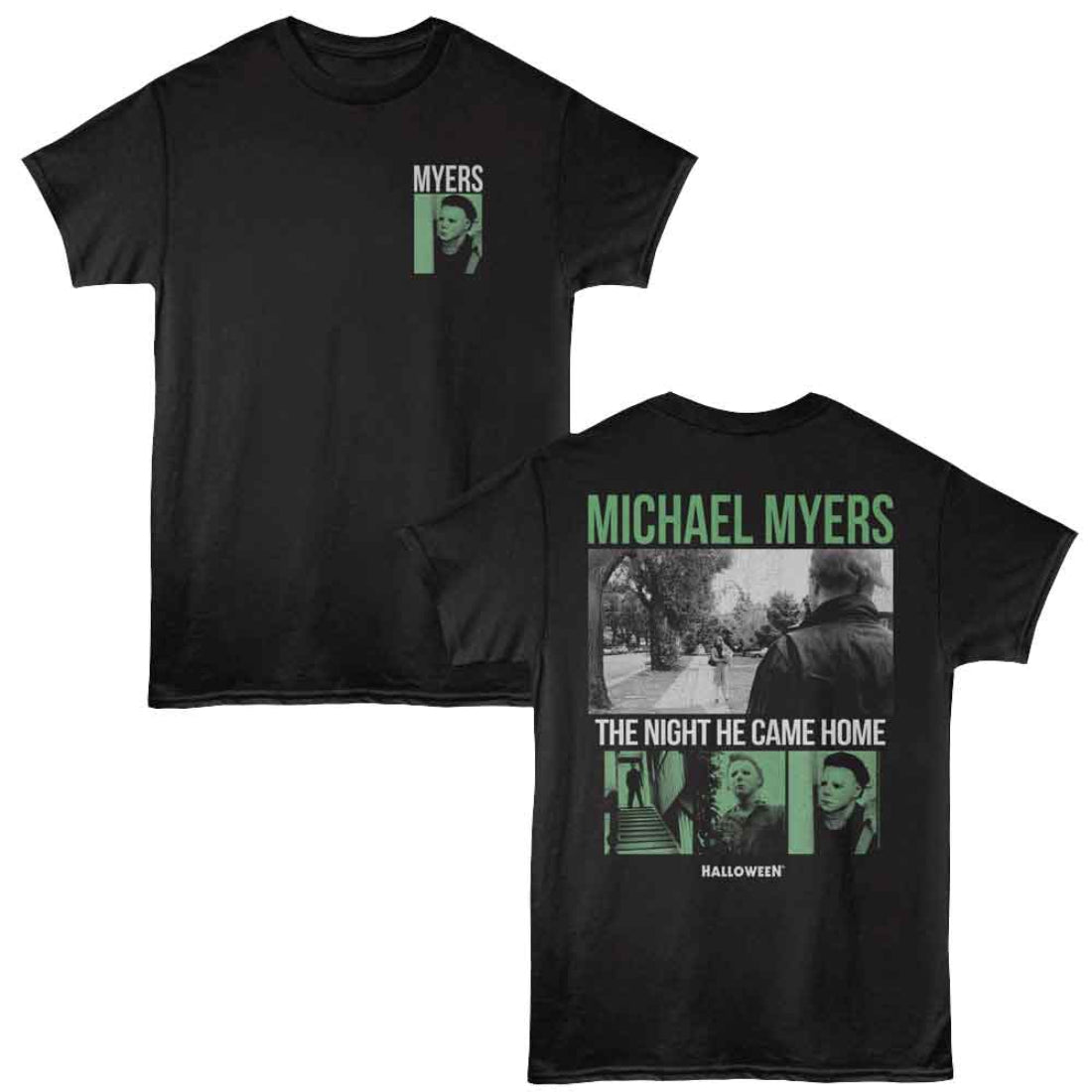 Black Halloween movie t-shirt with 'Michael Myers' graphic design on a white background