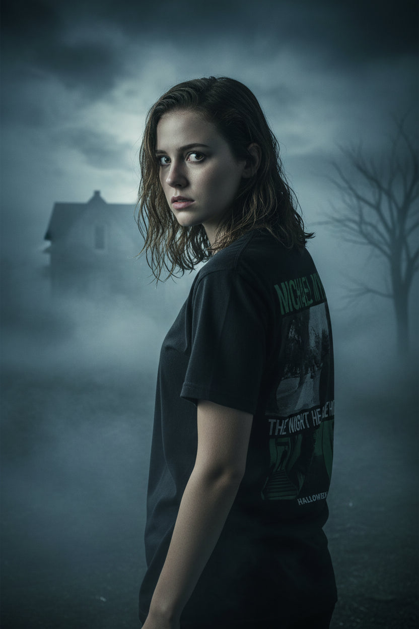 Woman wearing Black t-shirt with 'Michael Myers' graphic design HAL5218S, HAL5218M, HAL5218L, HAL5218XL, HAL5218XXL, HAL5218XXXL, HAL5218XXXXL, HAL5218XXXXXL