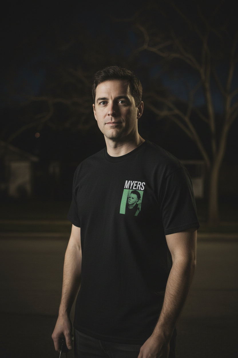 man wearing Black t-shirt with 'Michael Myers' graphic design HAL5218S, HAL5218M, HAL5218L, HAL5218XL, HAL5218XXL, HAL5218XXXL, HAL5218XXXXL, HAL5218XXXXXL