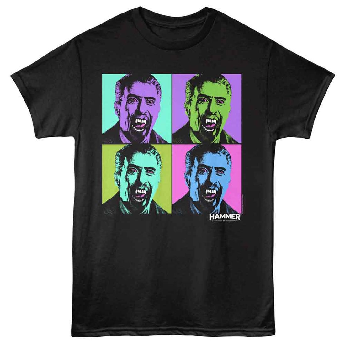Black Hammer Horror Dracula t-shirt with colorful graphic of a face and 'HAMMER' branding on a white background