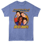 Blue t-shirt with 'Half Baked' and 'Best Buds' graphic on a white background