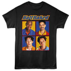 Black t-shirt with 'Half Baked' graphic featuring four characters on a white background