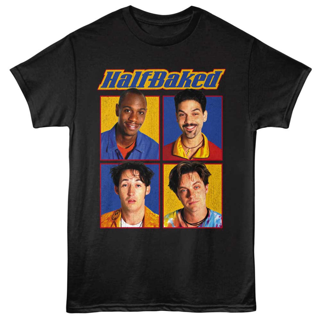Black t-shirt with 'Half Baked' graphic featuring four characters on a white background