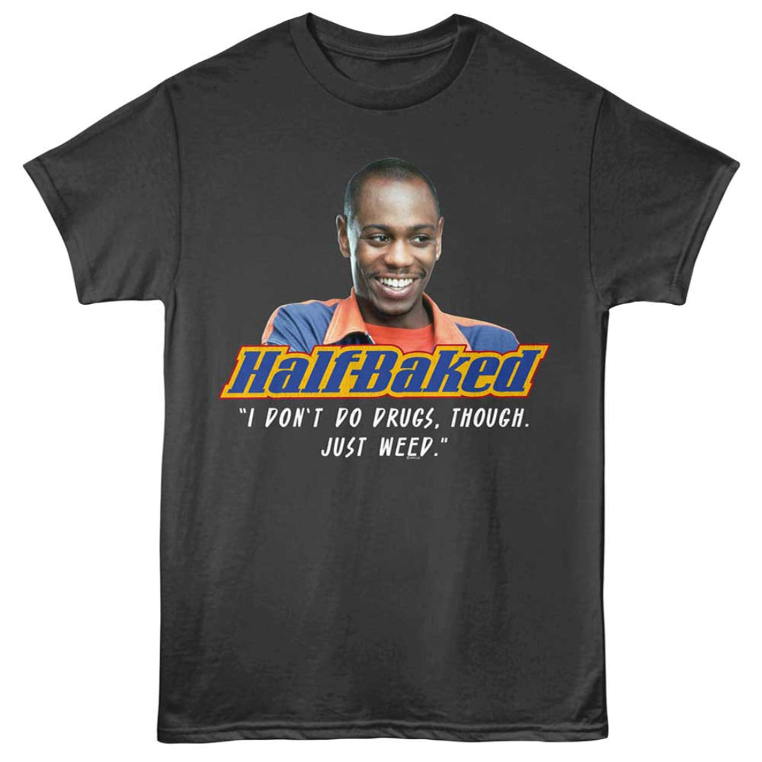 Black t-shirt with 'Half Baked' graphic and text on a white background