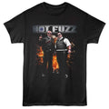 Black t-shirt with 'Hot Fuzz' graphic design featuring two characters and flames.