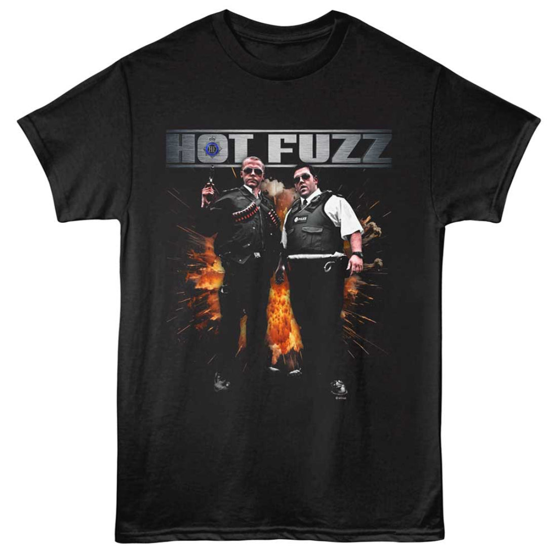 Black t-shirt with 'Hot Fuzz' graphic design featuring two characters and flames.