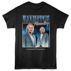 Black t-shirt with 'The Hunger Games' graphic featuring two characters and 'Haymitch Abernathy' text.