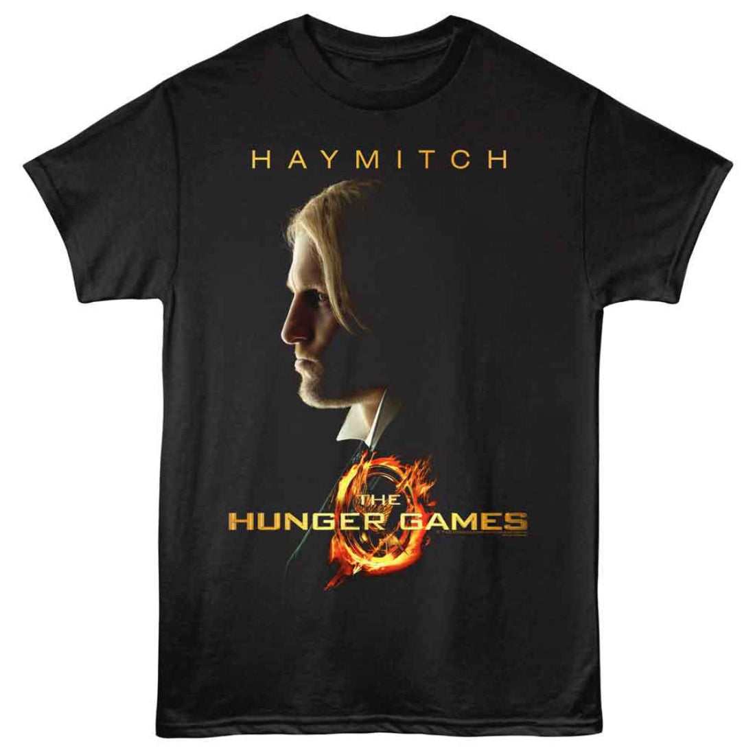 Black t-shirt with 'The Hunger Games' design featuring a silhouette and logo.