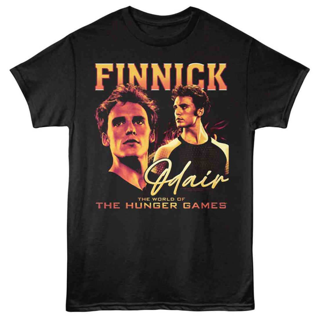 Black t-shirt with 'Finnick' and 'Odair' graphic from 'The Hunger Games' on a white background