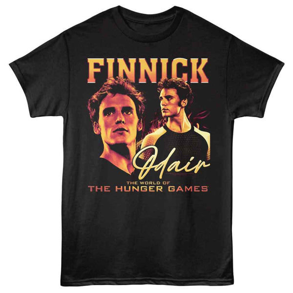 Black t-shirt with 'Finnick' and 'Odair' graphic from 'The Hunger Games' on a white background