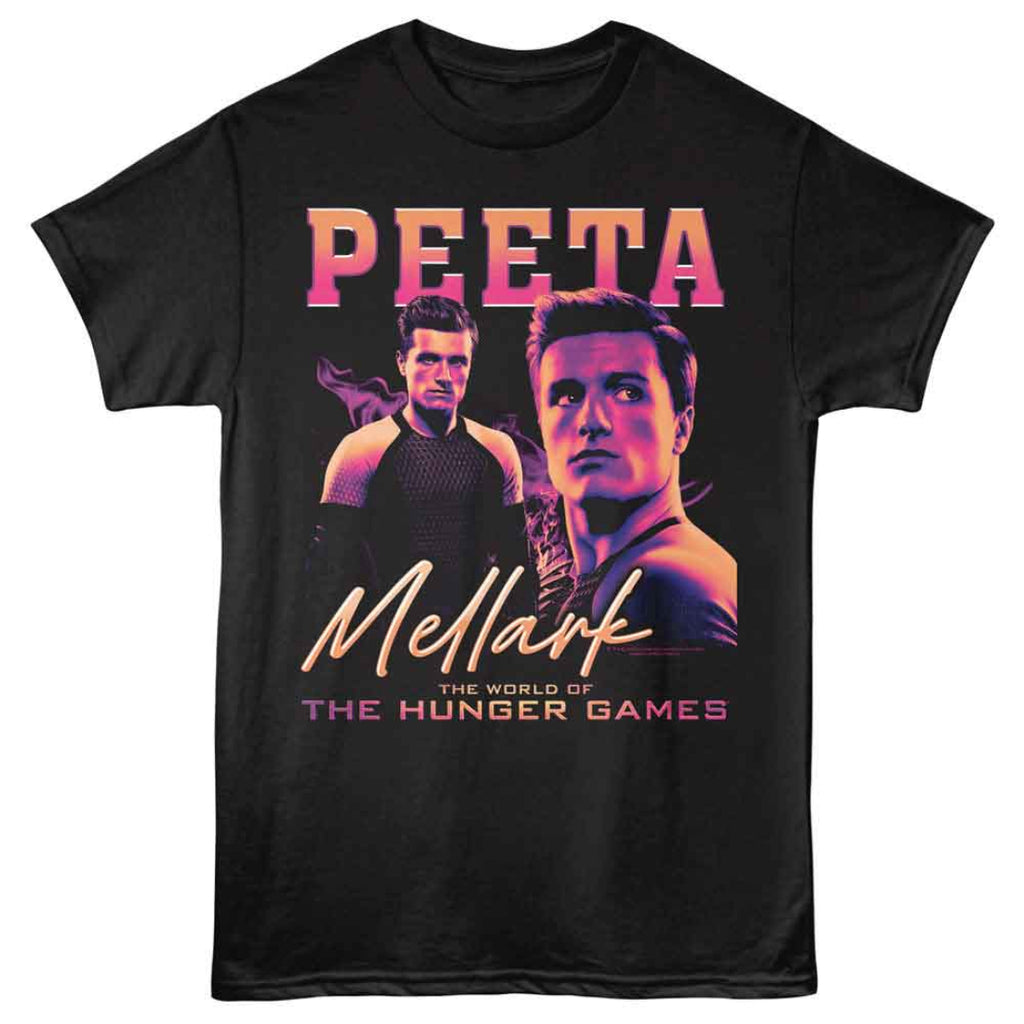 Black t-shirt with 'Peeta Mellark' graphic from 'The Hunger Games' on a white background