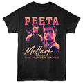 Black t-shirt with 'Peeta Mellark' graphic from 'The Hunger Games' on a white background