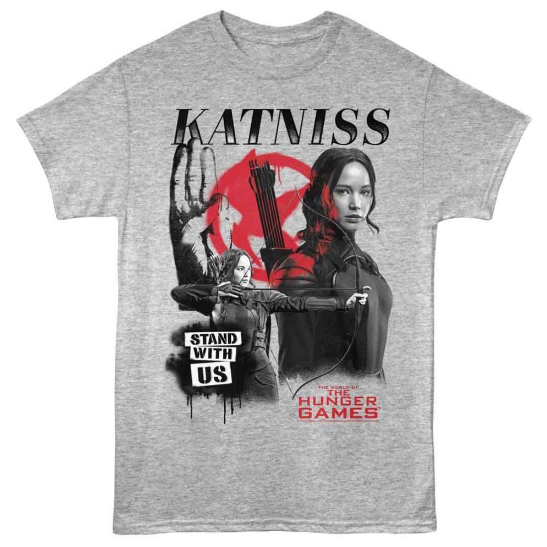 Gray t-shirt with 'Katniss' graphic design featuring a character holding a bow and arrow, with text 'Stand With Us' and 'The Hunger Games' branding.
