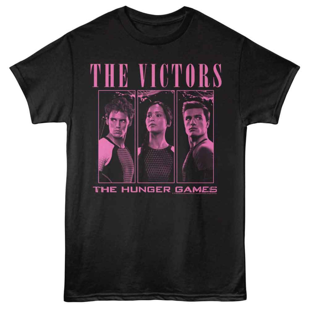 Black t-shirt with 'The Victors' design featuring three portraits and 'The Hunger Games' text.