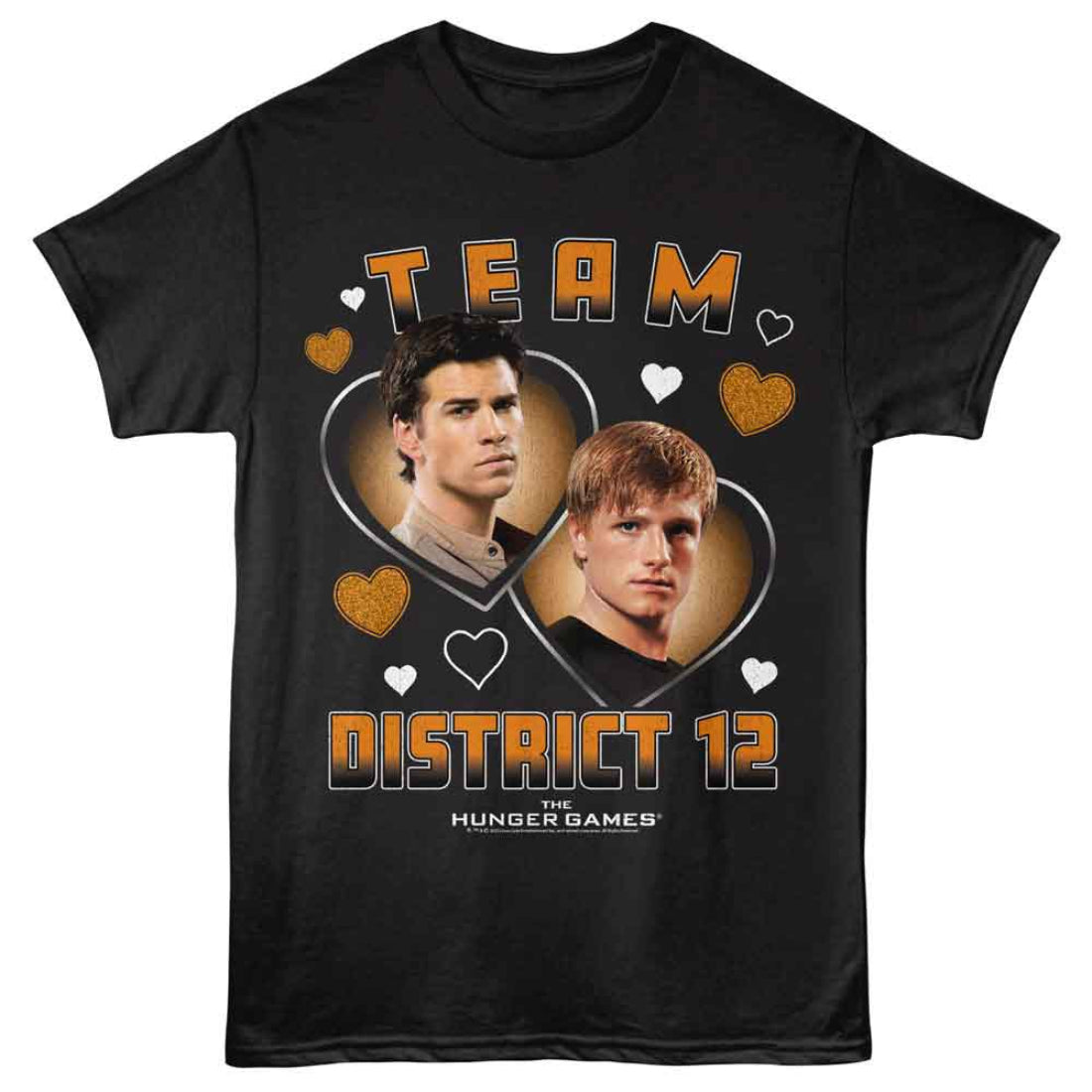Black hunger games t-shirt with 'Team District 12' design featuring two characters and hearts, inspired by 'The Hunger Games'.